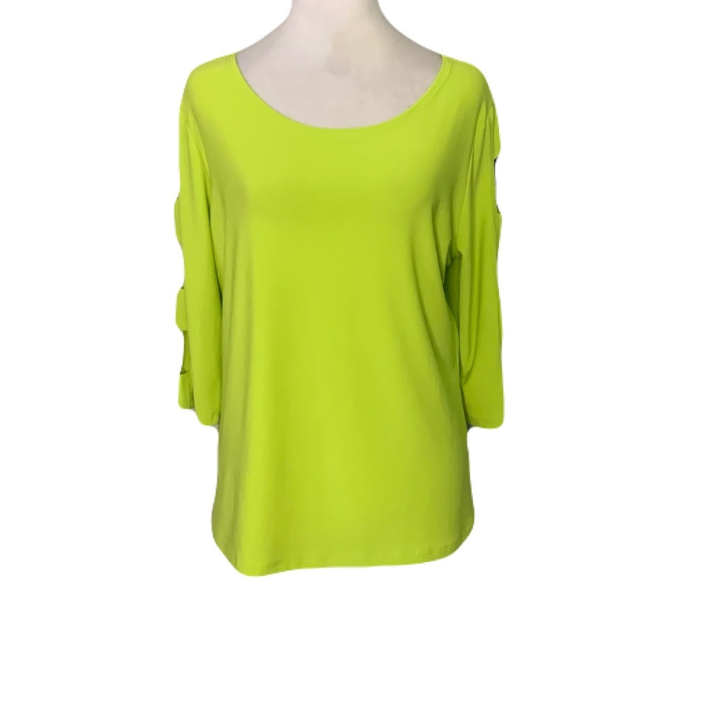 Clara Sun Woo Neon Lime Large Scoop Neck Cut Out Arms Modest Stretchy Blouse